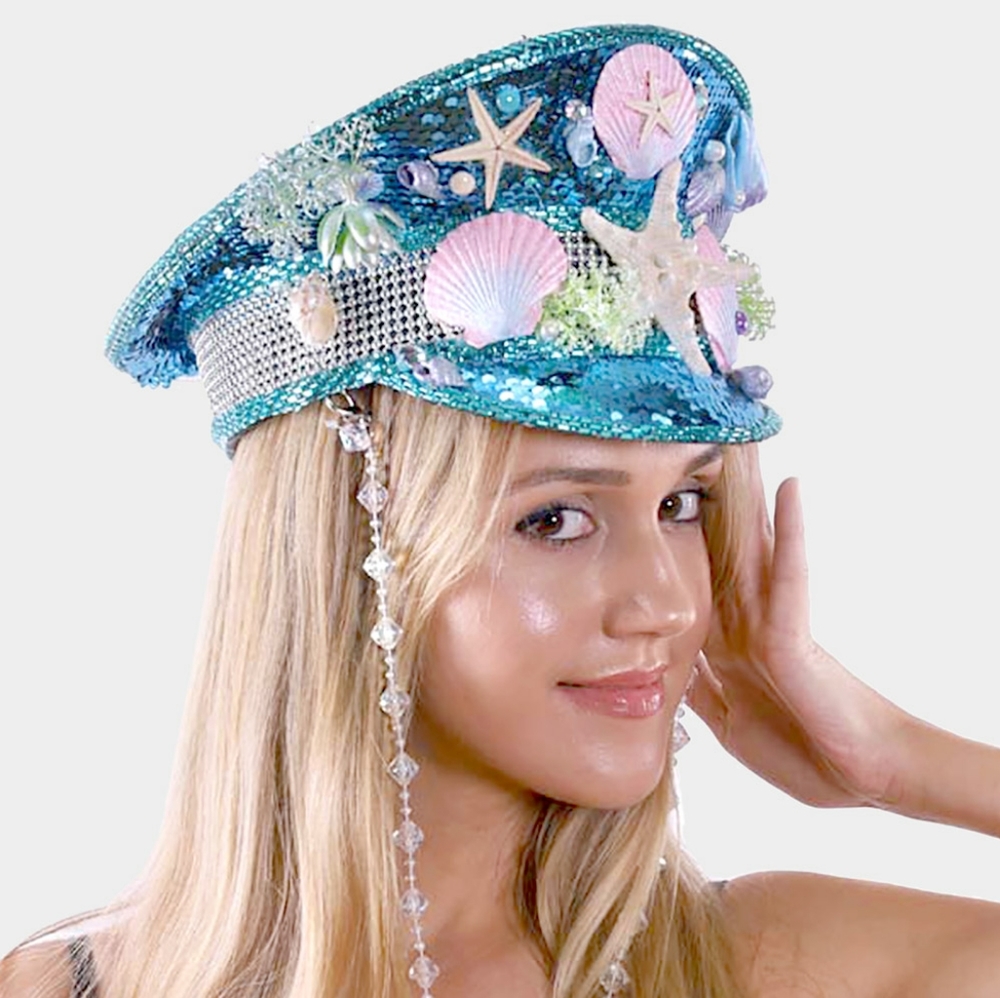 Under The Sea Shell Starfish Sequin Sky Blue Hat